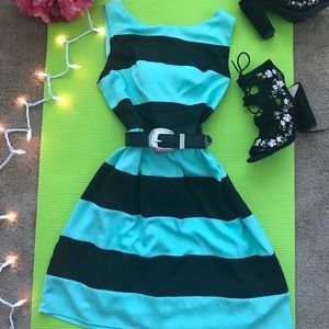 Mint & black striped spring cocktail dress